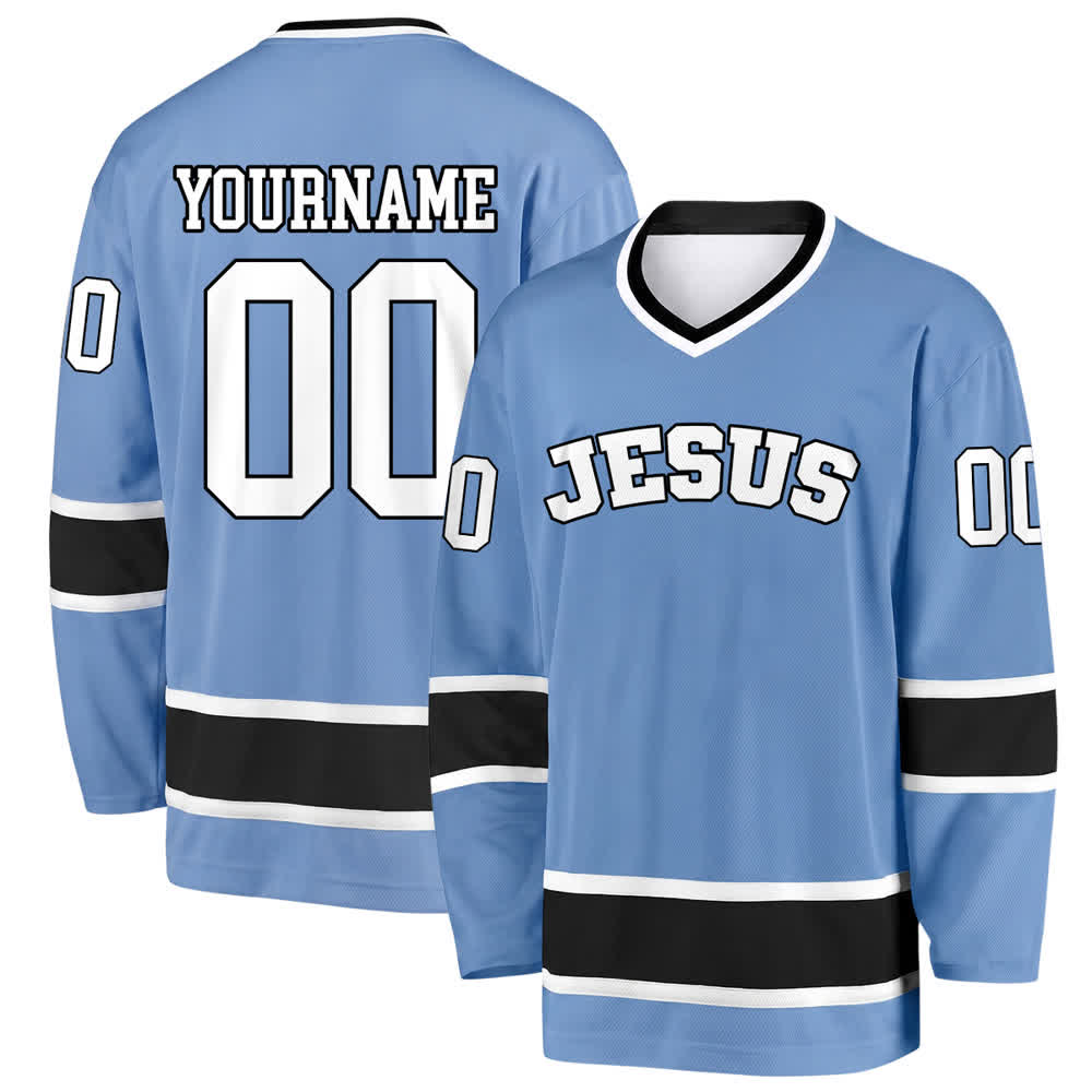 Maglia da hockey Nome & Numero personalizzati e dichiarazione di fede in grassetto su Gesù, realizzata Christianartworkshop. - Blu celeste - 5XL - Nome & Numero personalizzati - image 15