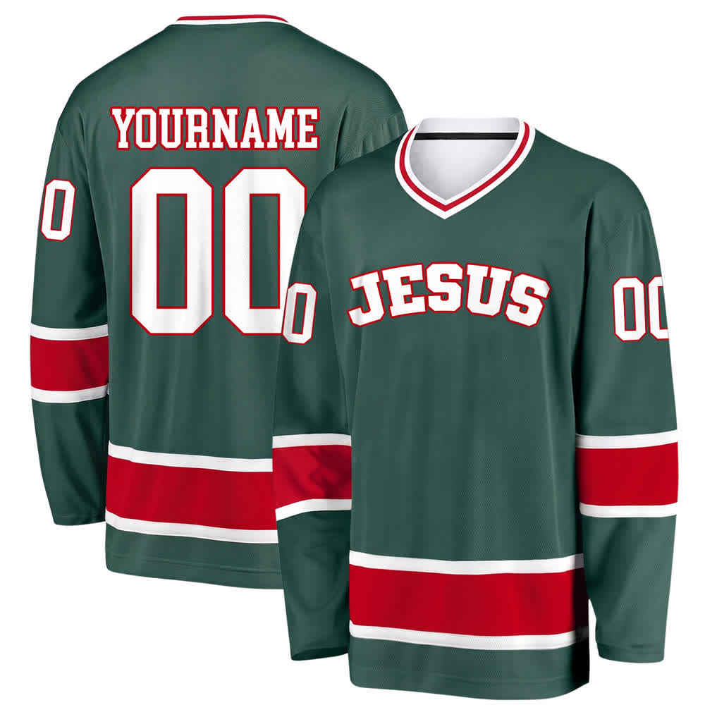 Maglia da hockey Nome & Numero personalizzati e dichiarazione di fede in grassetto su Gesù, realizzata Christianartworkshop. - Verde militare - 5XL - Nome & Numero personalizzati - image 20