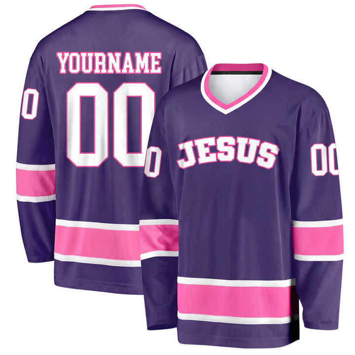 Maglia da hockey Nome & Numero personalizzati e dichiarazione di fede in grassetto su Gesù, realizzata Christianartworkshop. - Viola - 5XL - Nome & Numero personalizzati - image 30