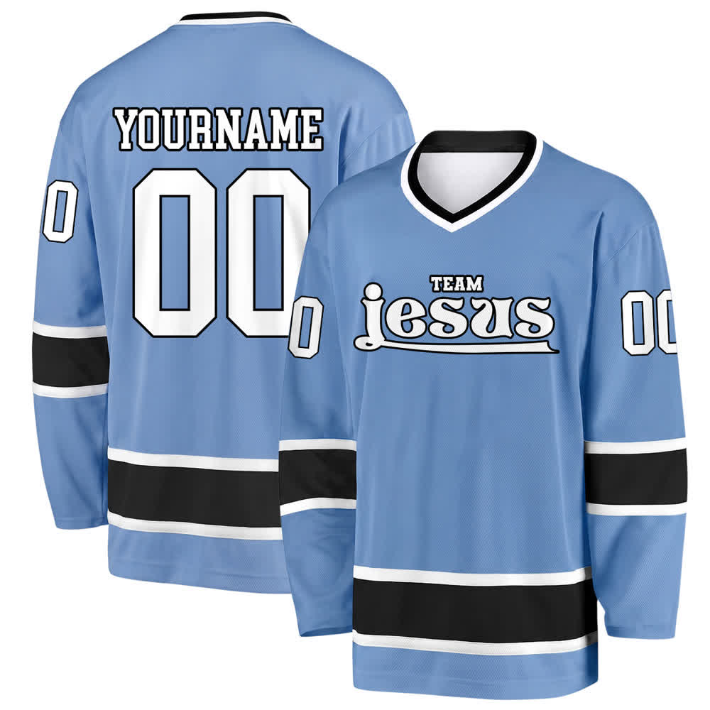 Maglia da hockey Nome & Numero personalizzati del team Christianartworkshop , con motivo di fede in Gesù. - Blu celeste - 5XL - Nome & Numero personalizzati - image 0
