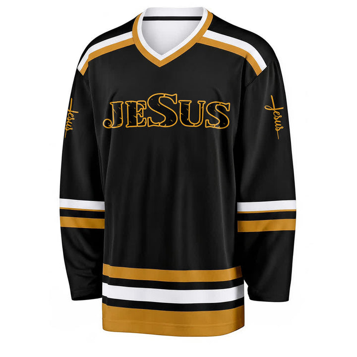 Christianartworkshop Maglia da hockey Jesus Black Gold stile Varsity - image 1