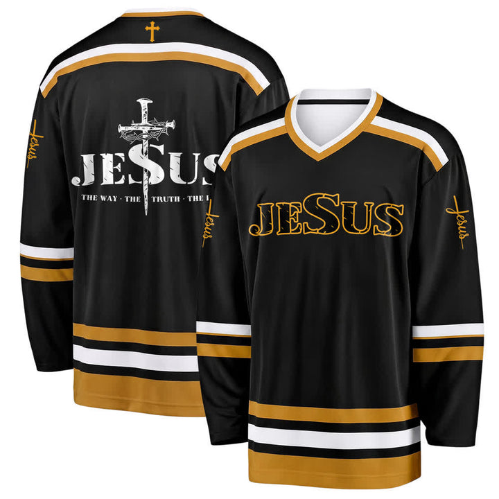 Christianartworkshop Maglia da hockey Jesus Black Gold stile Varsity - 5XL - image 0