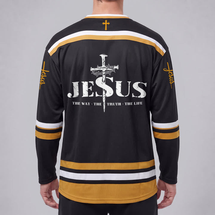 Christianartworkshop Maglia da hockey Jesus Black Gold stile Varsity - image 4