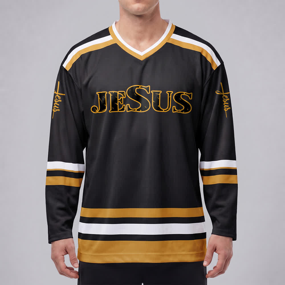 Christianartworkshop Maglia da hockey Jesus Black Gold stile Varsity - image 3