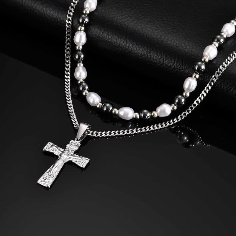 Christianartworkshop Collana con ciondolo a croce e crocifisso, pronta per essere indossata a strati, ricordo di quiete e sacra determinazione. - Crocifisso e catena di perline - image 4