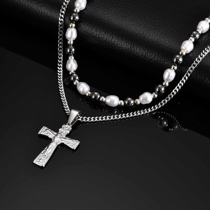 Christianartworkshop Collana con ciondolo a croce e crocifisso, pronta per essere indossata a strati, ricordo di quiete e sacra determinazione. - Crocifisso e catena di perline - image 4
