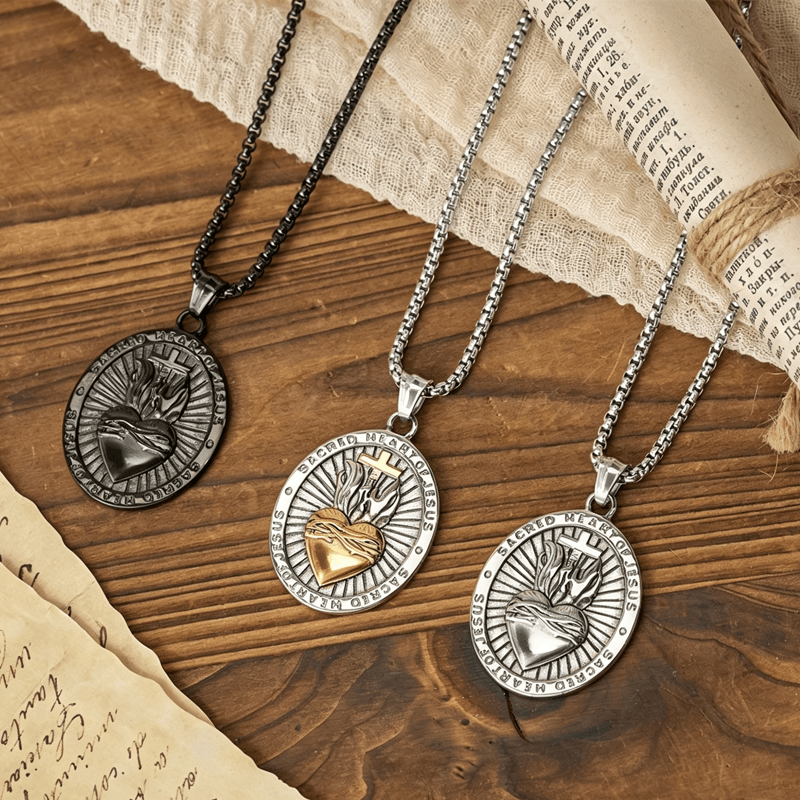 Collana con medaglione a doppia faccia raffigurante il Sacro Cuore e la Croce tricolore Christianartworkshop : emblema dell'amore divino - image 0