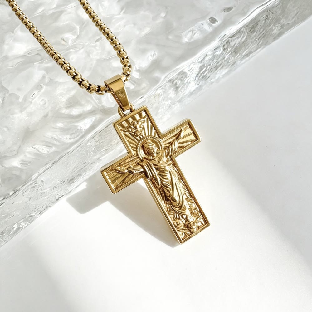 Christianartworkshop Collana con ciondolo a crocifisso con aureola luminosa e lucida: simbolo di eterna grazia divina. - D'oro - image 0