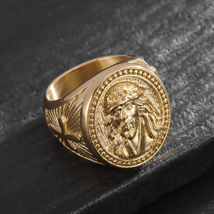 Christianartworkshop Anello con ritratto di Gesù a fascia larga e audace: simbolo di salvezza celeste duratura. - D'oro - US 13 - image 3