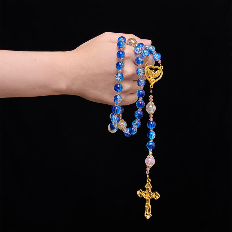 Christianartworkshop Rosario dello Spirito Santo in vetro craquelé blu oceano: segno di quieta benedizione celeste. - image 1