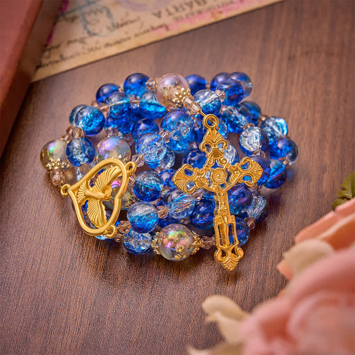 Christianartworkshop Rosario dello Spirito Santo in vetro craquelé blu oceano: segno di quieta benedizione celeste. - image 2