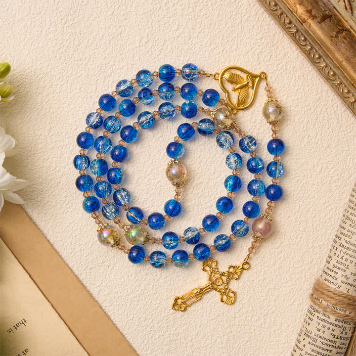 Christianartworkshop Rosario dello Spirito Santo in vetro craquelé blu oceano: segno di quieta benedizione celeste. - image 3