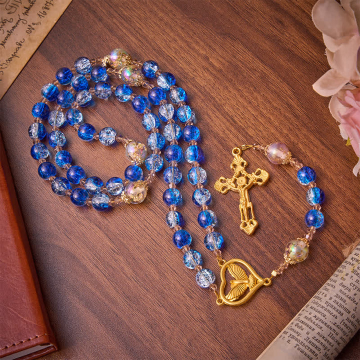 Christianartworkshop Rosario dello Spirito Santo in vetro craquelé blu oceano: segno di quieta benedizione celeste. - image 5