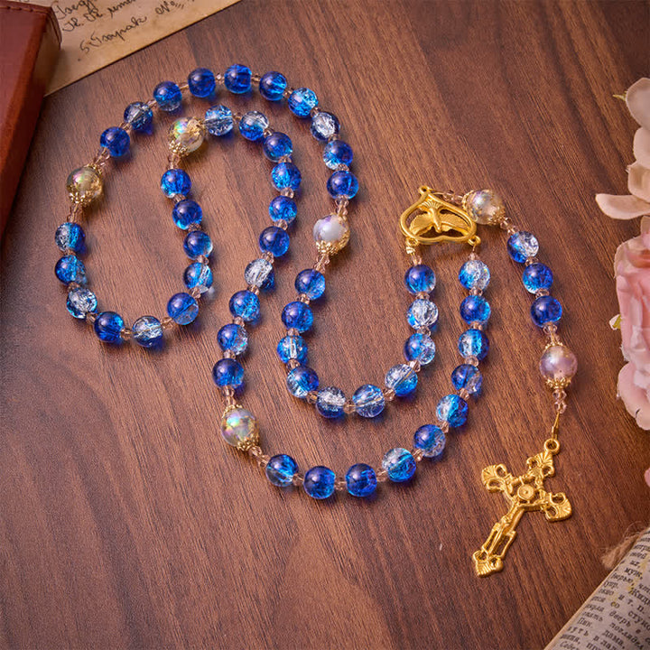 Christianartworkshop Rosario dello Spirito Santo in vetro craquelé blu oceano: segno di quieta benedizione celeste. - image 4