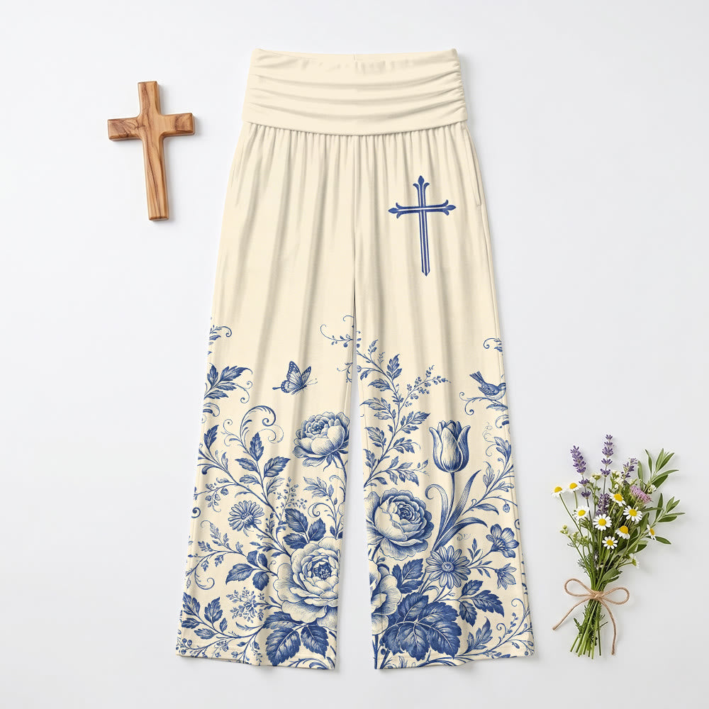 Christianartworkshop Pantaloni da donna a gamba larga con motivo floreale blu e croce decorativa. - image 2