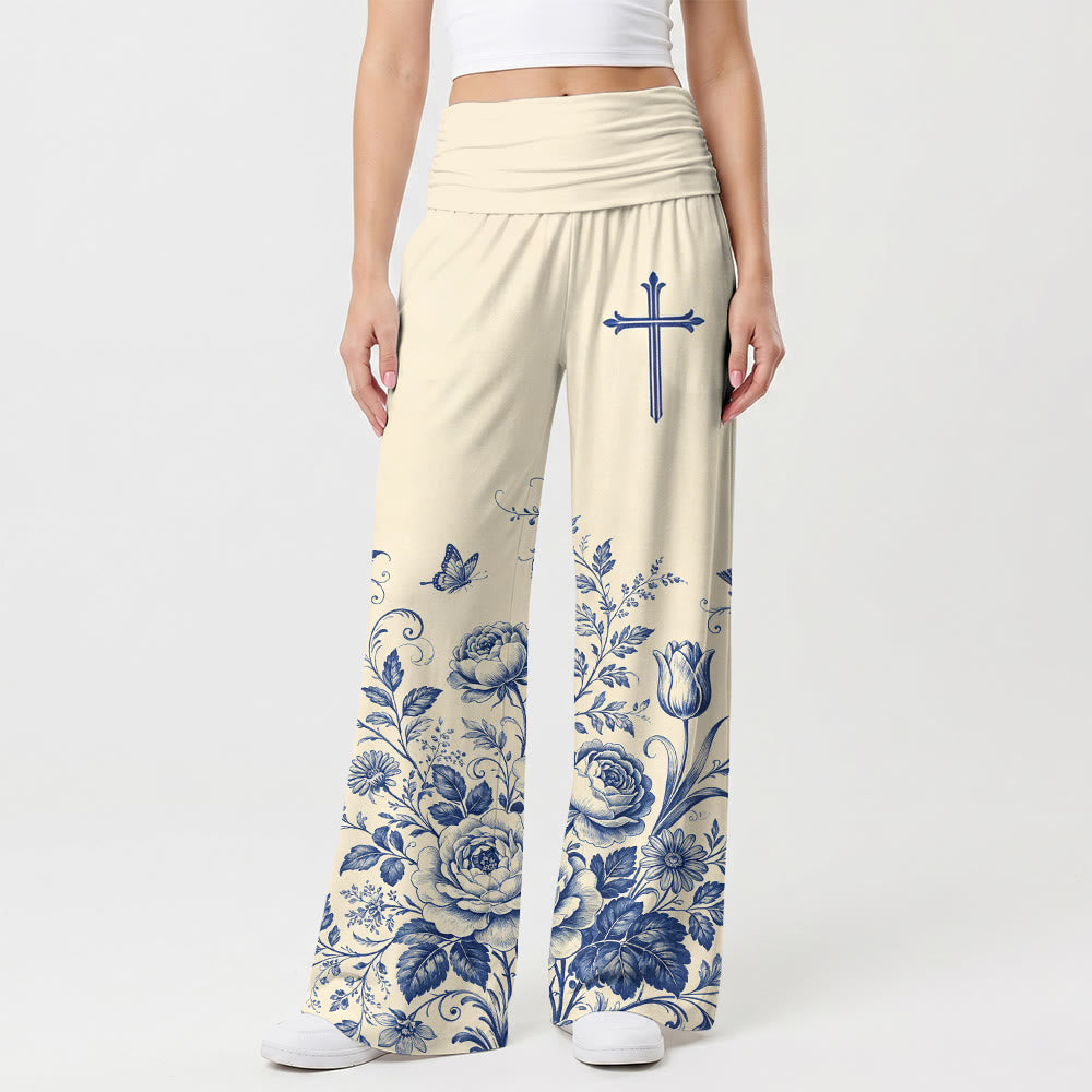 Christianartworkshop Pantaloni da donna a gamba larga con motivo floreale blu e croce decorativa. - US22,UK/AU26,EU54 - image 0