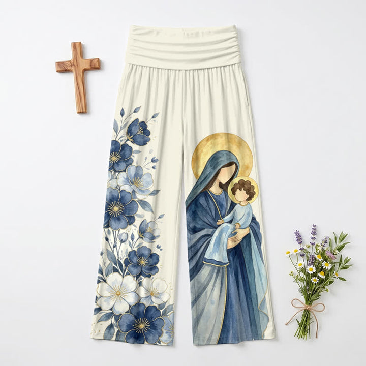 Christianartworkshop Pantaloni da donna a gamba larga con stampa floreale blu, con Madonna e Bambino. - US22,UK/AU26,EU54 - image 0