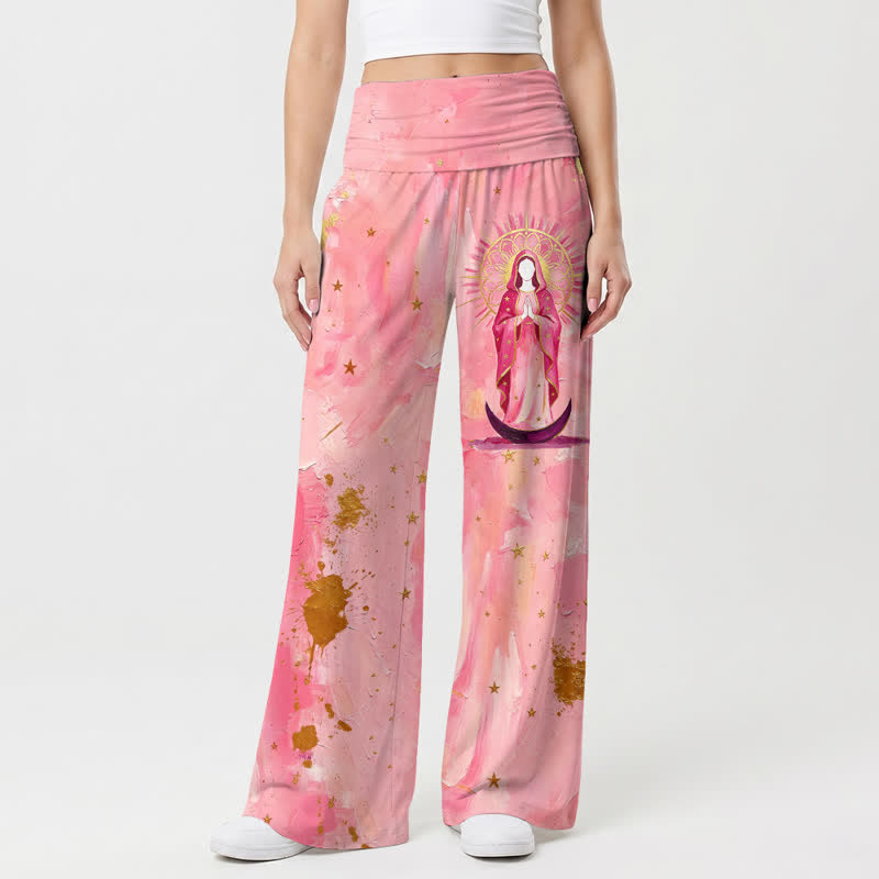 Christianartworkshop Pantaloni da donna a gamba larga con risvolto in vita e motivo a luna rosa Halo - image 2