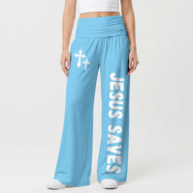 Christianartworkshop Pantaloni da donna a gamba larga con risvolto rosa "Jesus Saves Pink Cross". - Blu - US22,UK/AU26,EU54 - image 12