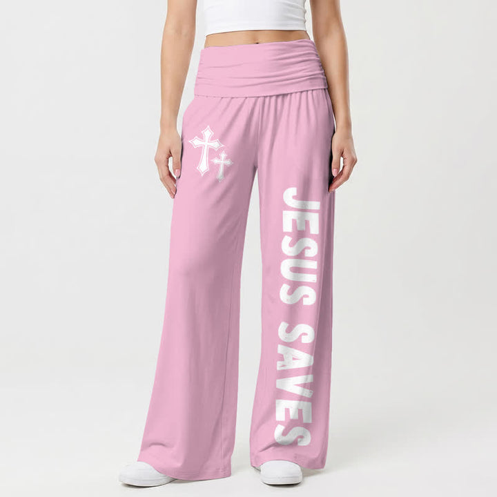 Christianartworkshop Pantaloni da donna a gamba larga con risvolto rosa "Jesus Saves Pink Cross". - Rosa - US22,UK/AU26,EU54 - image 3