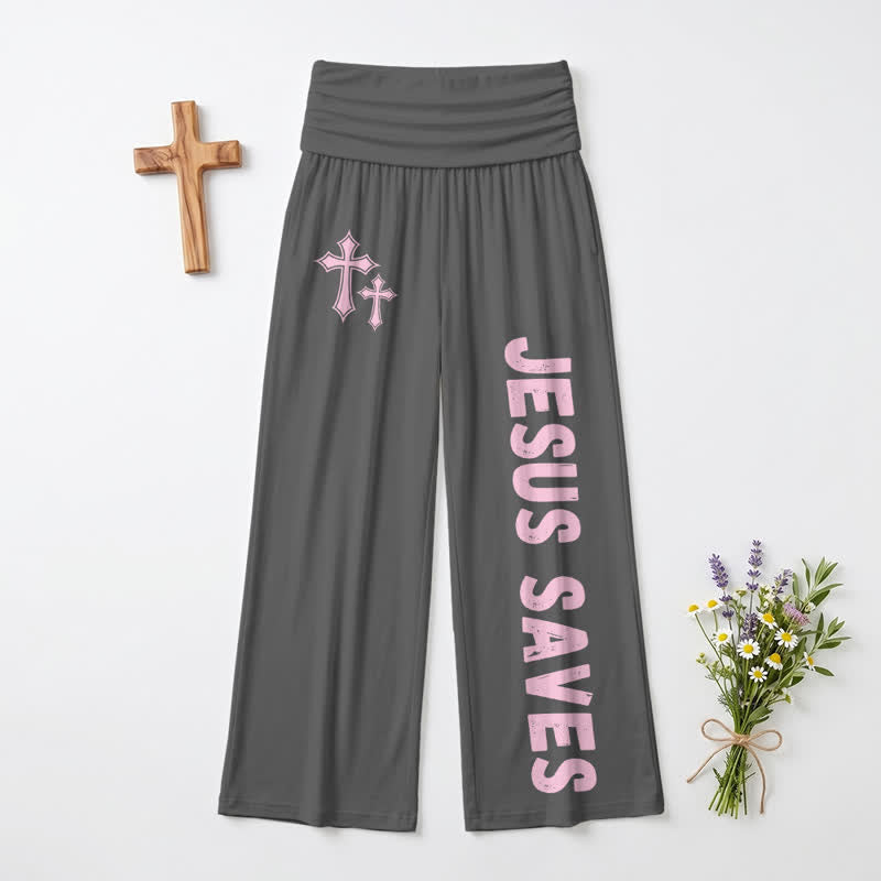 Christianartworkshop Pantaloni da donna a gamba larga con risvolto rosa "Jesus Saves Pink Cross". - image 8