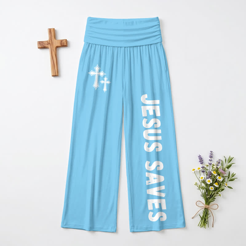 Christianartworkshop Pantaloni da donna a gamba larga con risvolto rosa "Jesus Saves Pink Cross". - image 14