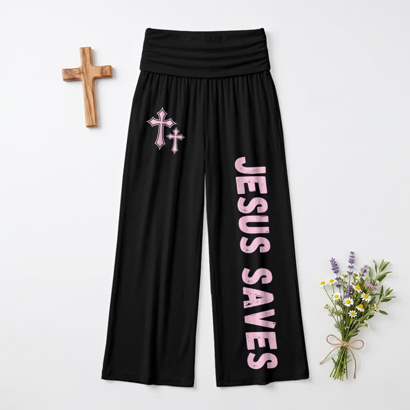 Christianartworkshop Pantaloni da donna a gamba larga con risvolto rosa "Jesus Saves Pink Cross". - image 2