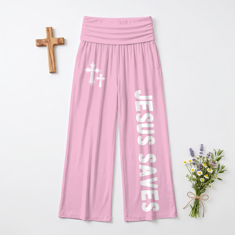 Christianartworkshop Pantaloni da donna a gamba larga con risvolto rosa "Jesus Saves Pink Cross". - image 5