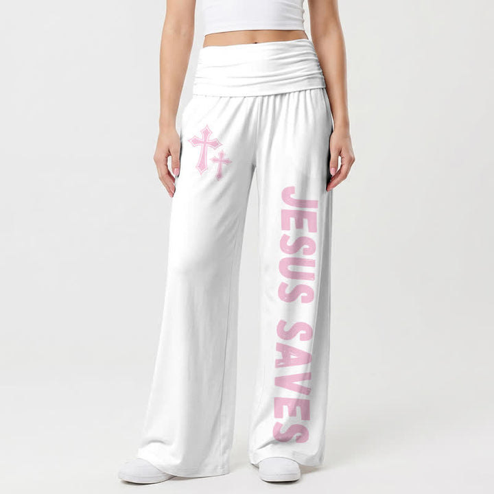 Christianartworkshop Pantaloni da donna a gamba larga con risvolto rosa "Jesus Saves Pink Cross". - Bianco - US22,UK/AU26,EU54 - image 9
