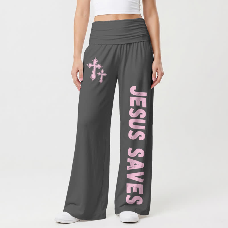 Christianartworkshop Pantaloni da donna a gamba larga con risvolto rosa "Jesus Saves Pink Cross". - Grigio - US22,UK/AU26,EU54 - image 6