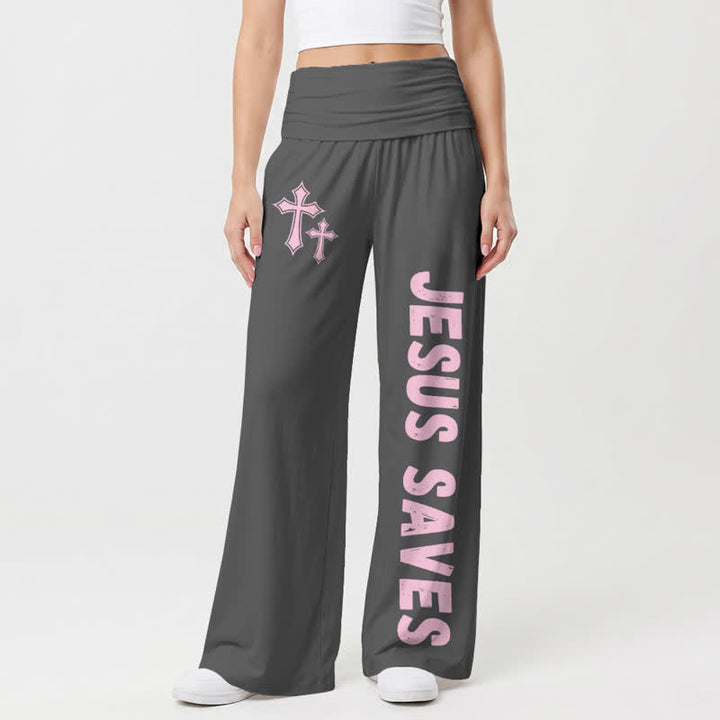 Christianartworkshop Pantaloni da donna a gamba larga con risvolto rosa "Jesus Saves Pink Cross". - Grigio - US22,UK/AU26,EU54 - image 6