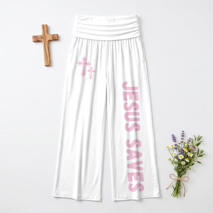 Christianartworkshop Pantaloni da donna a gamba larga con risvolto rosa "Jesus Saves Pink Cross". - image 11