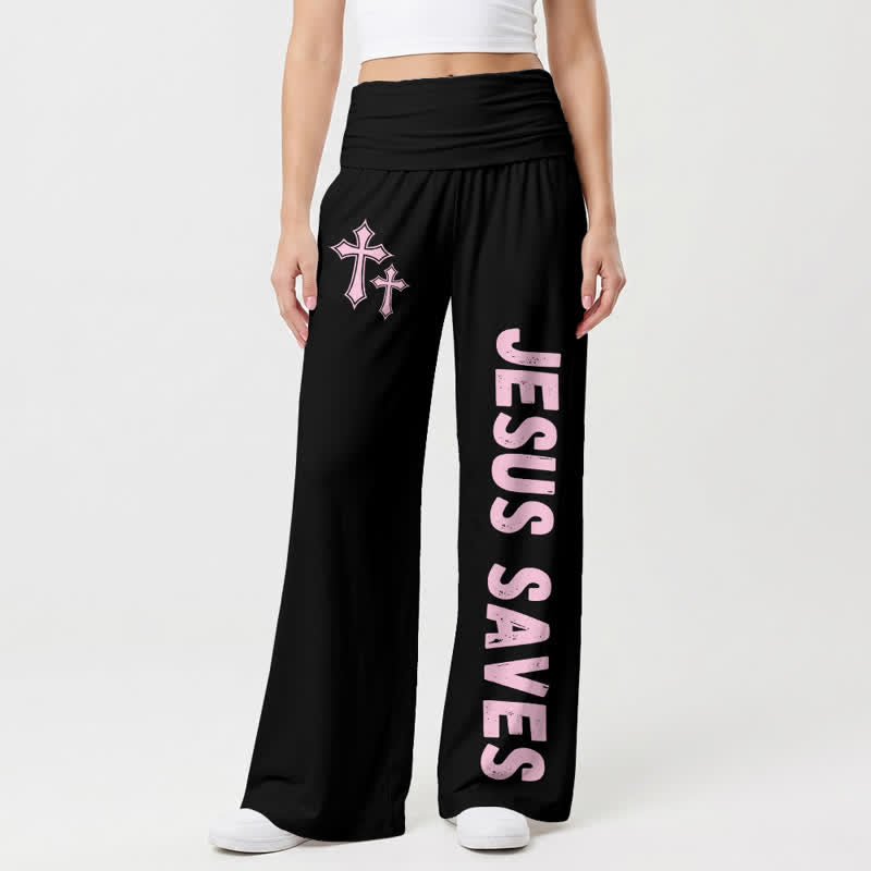Christianartworkshop Pantaloni da donna a gamba larga con risvolto rosa "Jesus Saves Pink Cross". - Nero - US22,UK/AU26,EU54 - image 0
