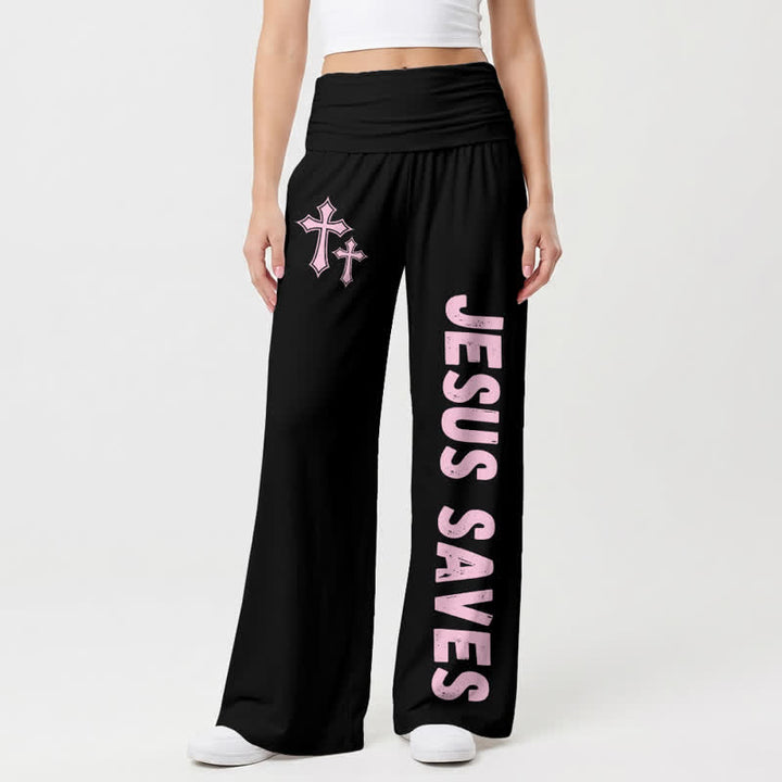 Christianartworkshop Pantaloni da donna a gamba larga con risvolto rosa "Jesus Saves Pink Cross". - Nero - US22,UK/AU26,EU54 - image 0