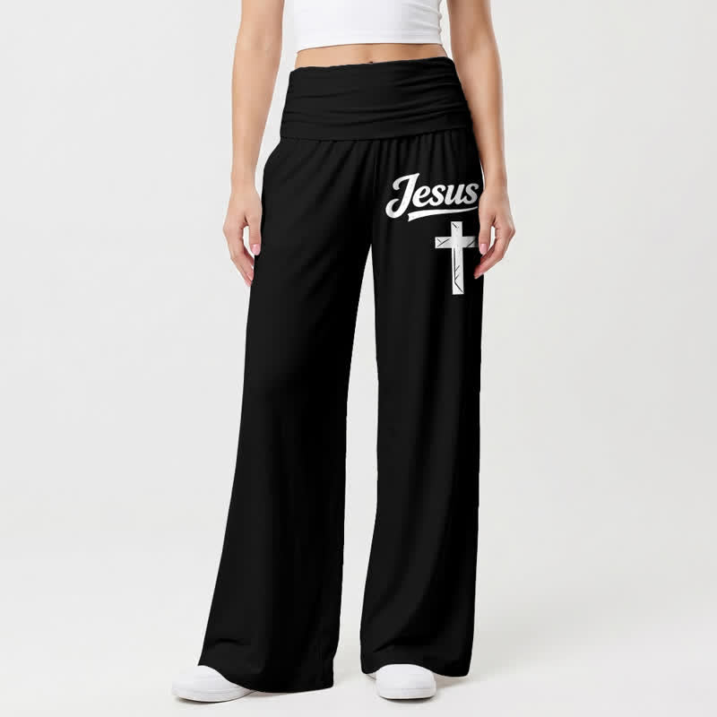 Christianartworkshop Pantaloni da donna a gamba larga a vita alta con motivo a croce di Gesù, morbidi e drappeggiati. - image 8