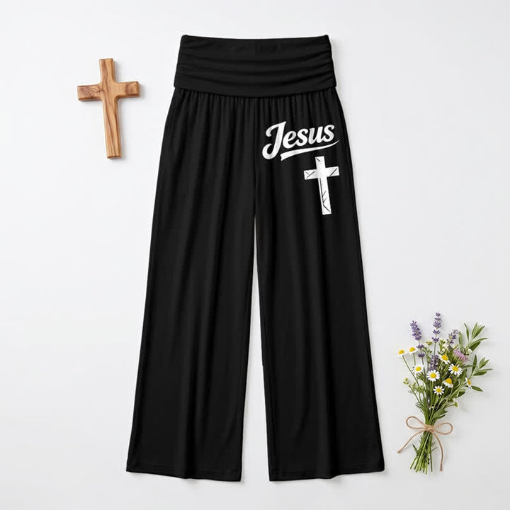 Christianartworkshop Pantaloni da donna a gamba larga a vita alta con motivo a croce di Gesù, morbidi e drappeggiati. - Nero - US22,UK/AU26,EU54 - image 6