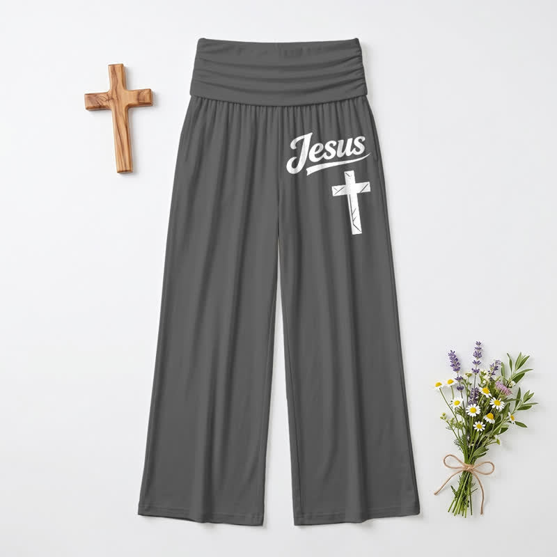 Christianartworkshop Pantaloni da donna a gamba larga a vita alta con motivo a croce di Gesù, morbidi e drappeggiati. - Grigio - US22,UK/AU26,EU54 - image 3