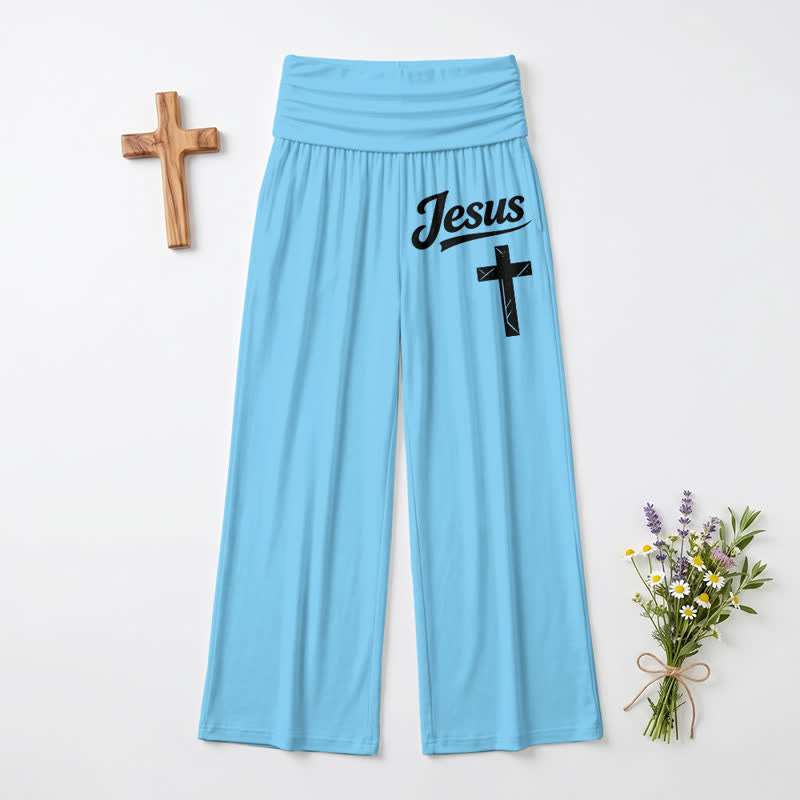 Christianartworkshop Pantaloni da donna a gamba larga a vita alta con motivo a croce di Gesù, morbidi e drappeggiati. - Blu - US22,UK/AU26,EU54 - image 12