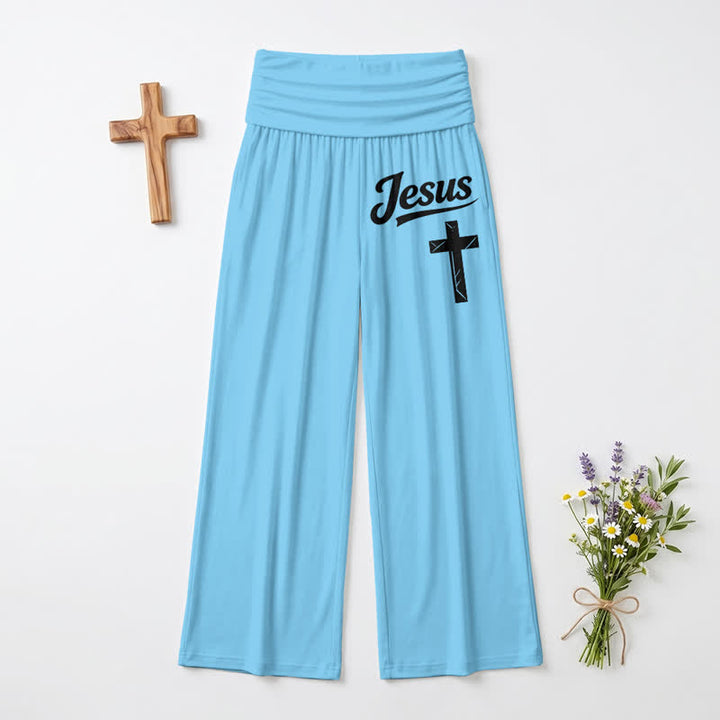 Christianartworkshop Pantaloni da donna a gamba larga a vita alta con motivo a croce di Gesù, morbidi e drappeggiati. - Blu - US22,UK/AU26,EU54 - image 12
