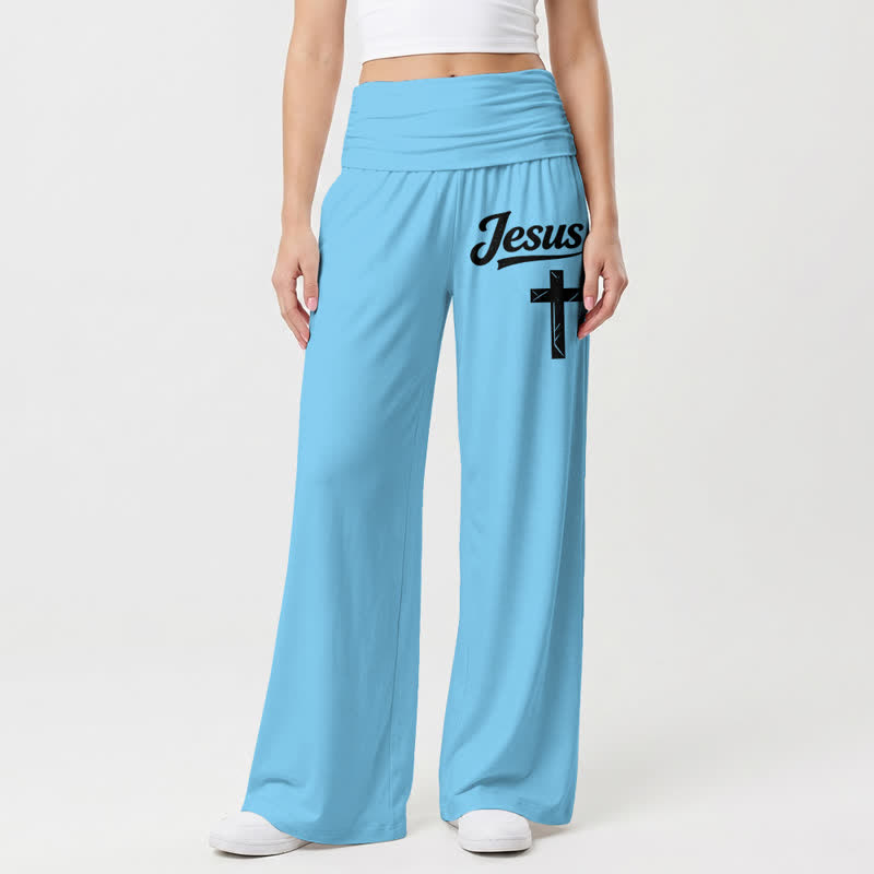 Christianartworkshop Pantaloni da donna a gamba larga a vita alta con motivo a croce di Gesù, morbidi e drappeggiati. - image 14