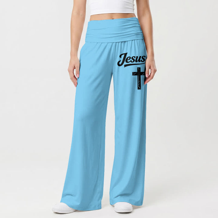 Christianartworkshop Pantaloni da donna a gamba larga a vita alta con motivo a croce di Gesù, morbidi e drappeggiati. - image 14