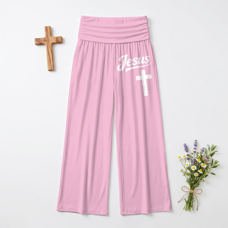 Christianartworkshop Pantaloni da donna a gamba larga a vita alta con motivo a croce di Gesù, morbidi e drappeggiati. - Rosa - US22,UK/AU26,EU54 - image 9