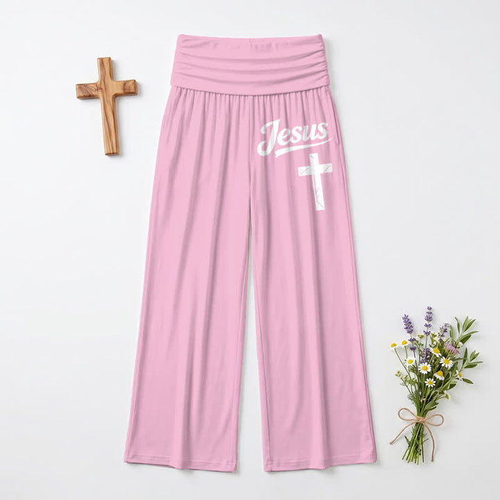 Christianartworkshop Pantaloni da donna a gamba larga a vita alta con motivo a croce di Gesù, morbidi e drappeggiati. - Rosa - US22,UK/AU26,EU54 - image 9