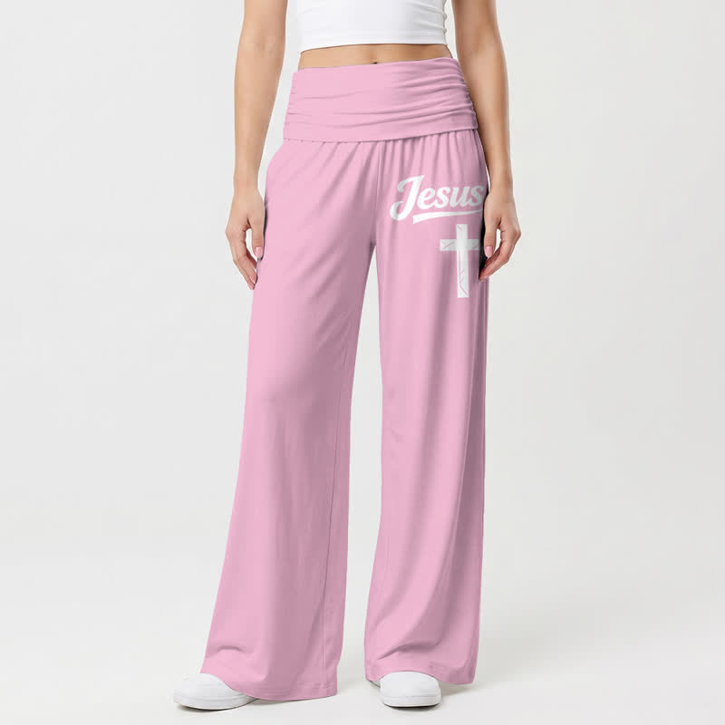 Christianartworkshop Pantaloni da donna a gamba larga a vita alta con motivo a croce di Gesù, morbidi e drappeggiati. - image 11