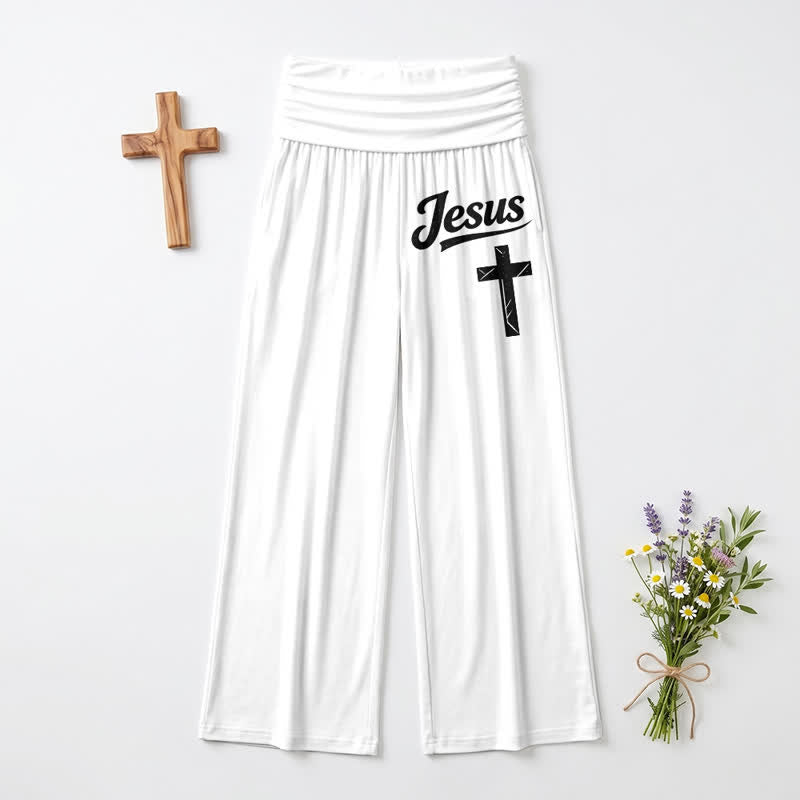 Christianartworkshop Pantaloni da donna a gamba larga a vita alta con motivo a croce di Gesù, morbidi e drappeggiati. - Bianco - US22,UK/AU26,EU54 - image 0