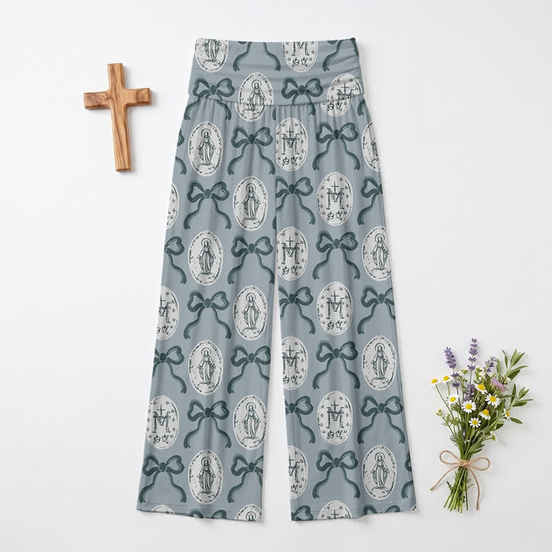 Christianartworkshop Pantaloni da donna a gamba larga con stampa a medaglione e fiocco, nei toni del blu e del grigio. - US22,UK/AU26,EU54 - image 0