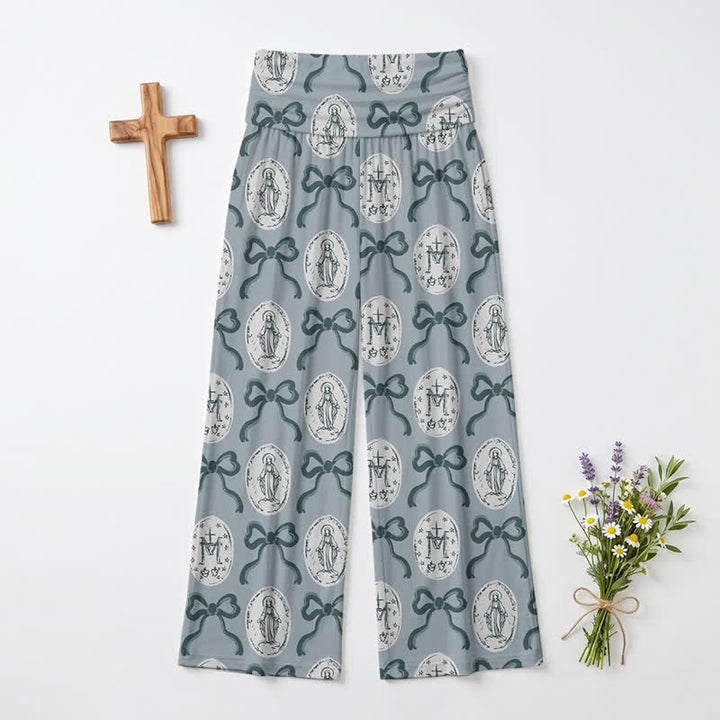 Christianartworkshop Pantaloni da donna a gamba larga con stampa a medaglione e fiocco, nei toni del blu e del grigio. - US22,UK/AU26,EU54 - image 0