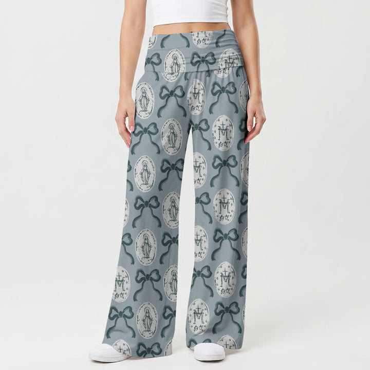 Christianartworkshop Pantaloni da donna a gamba larga con stampa a medaglione e fiocco, nei toni del blu e del grigio. - image 2