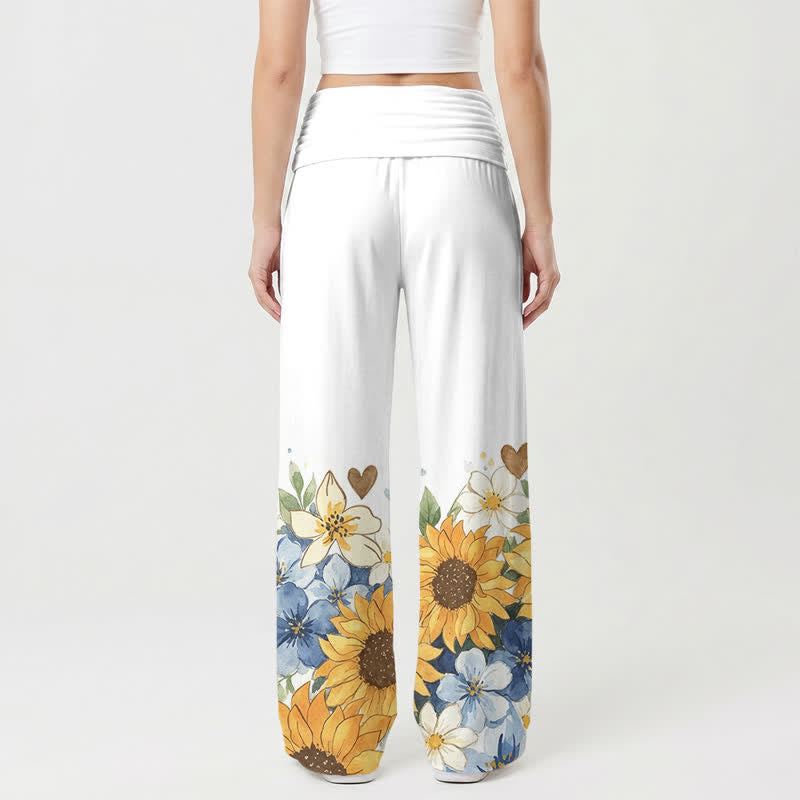 Christianartworkshop Pantaloni da donna a gamba larga con risvolto in vita e motivo girasole - image 1