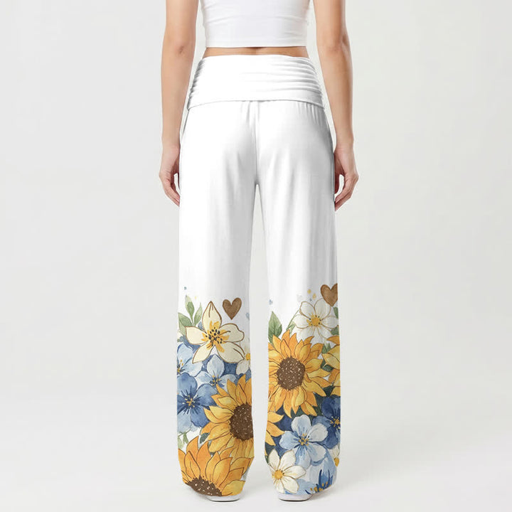 Christianartworkshop Pantaloni da donna a gamba larga con risvolto in vita e motivo girasole - image 1